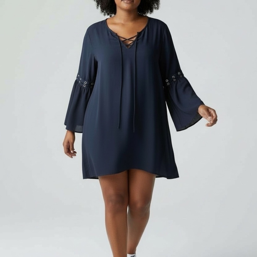 Venus Navy Bell Sleeve Dress Lace-Up V-Neck Flowing Mini Plus Size 2X